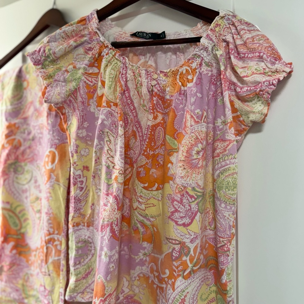 Ralph Lauren 100% soft cotton pajama set. Paisley Print Top - Pink and Orange